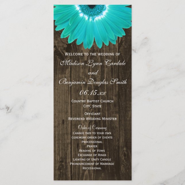 Rustic Wood Teal Gerber Daisy Bröllopsprogram 2 Program (Framsida)