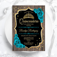Rustic Wood Teal Guld Quinceanera