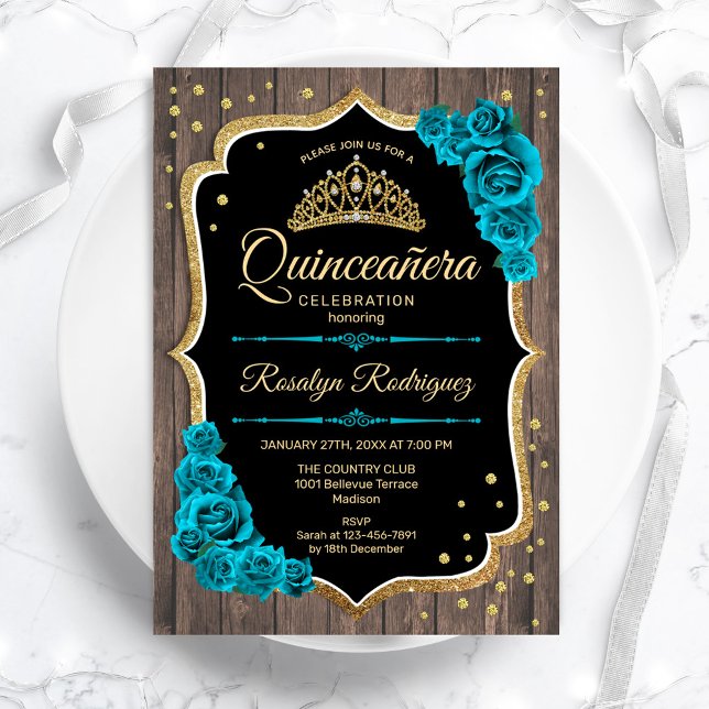 Rustic Wood Teal Guld Quinceanera Inbjudningar (Skapare uppladdad)
