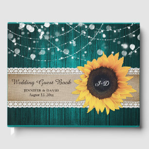 Rustic Wood Teal Solros Bröllop Guest Bok