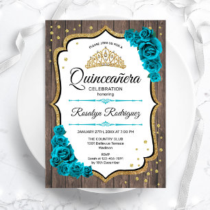 Rustic Wood Teal White Guld Quinceanera Inbjudningar