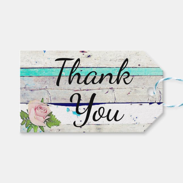 Rustic Wood Teal, White och Rosa ros Tack Presentetikett (Framsidan (Horisontell))