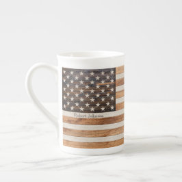 Rustic Wood Tone American Flagga Benporslin Mugg