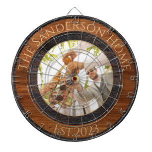 Rustic Wood Tone Family Namn Photo Dart Board Darttavla