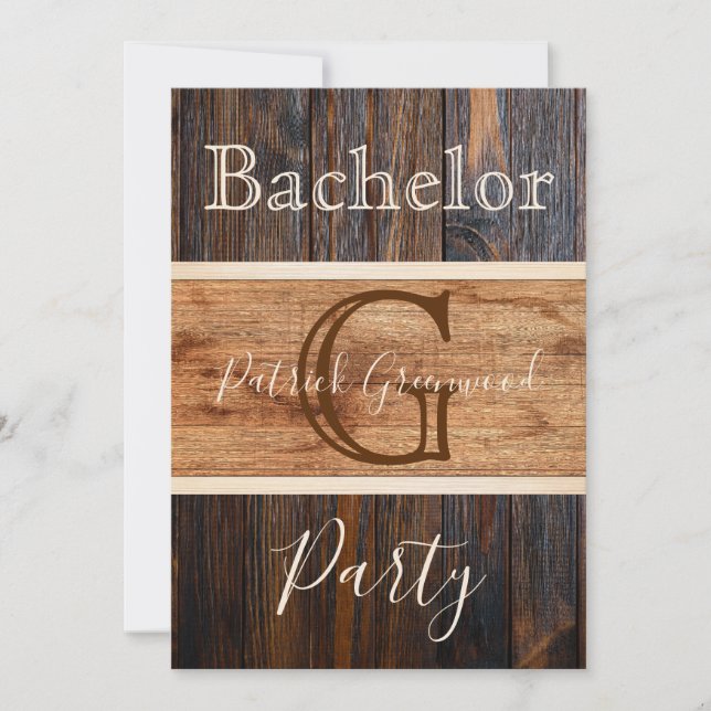 Rustic Wood Tone Monogram Rand Bachelor Party Inbjudningar (Framsida)