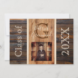 Rustic Wood Tone Monogram Rand Studenten Inbjudningar