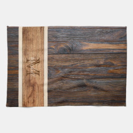 Rustic Wood Tone Monogram Vågrät Rand Kökshandduk