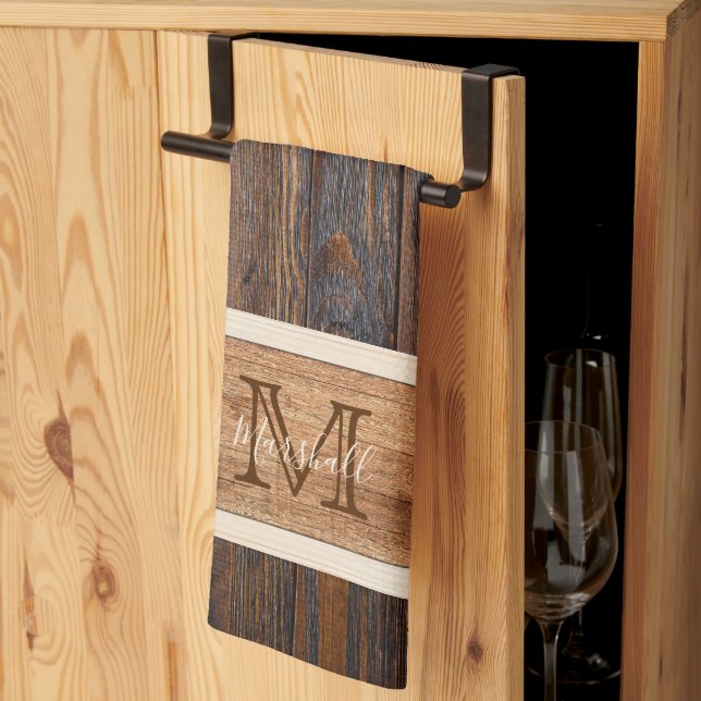 Rustic Wood Tone Monogram Vågrät Rand Kökshandduk (Thirds Fold)