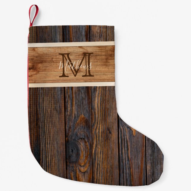 Rustic Wood Tone Rand Monogram Liten Julstrumpa (Framsidan)
