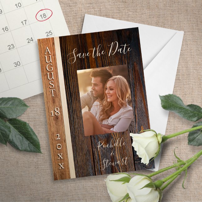 Rustic Wood Tone Save Date Bröllop Card Inbjudningar (Skapare uppladdad)