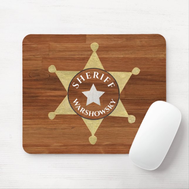 Rustic Wood tone sheriff Badge Star,  Musmatta (Med mus)