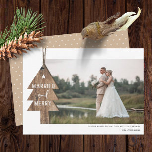 Rustic Wood Träd Ornament Married julfoto Julkort
