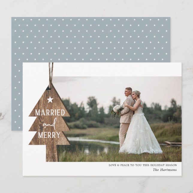 Rustic Wood Träd Ornament Married julfoto Julkort (Fram/baksida)