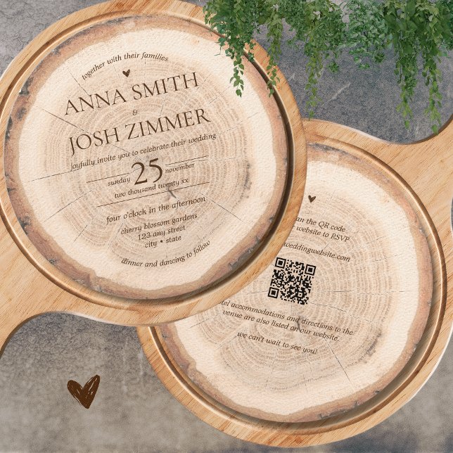 Rustic Wood Träd Stump Barn All in One QR Bröllop Inbjudningar (All in one Rustic Wood QR code Wedding Invitation)