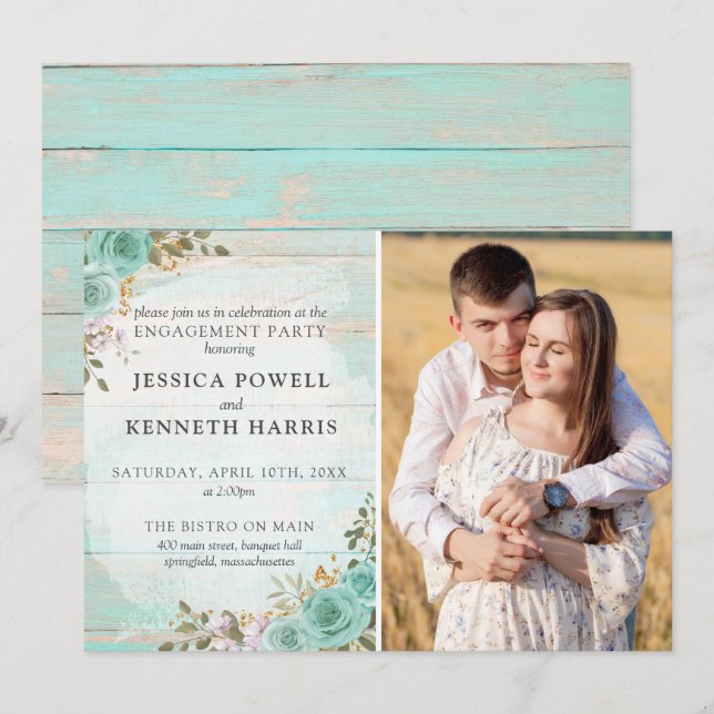 Rustic Wood Turcos Ro Förlovningsfest Photo Inbjudningar (Fram/baksida)