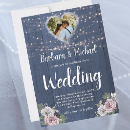 Rustic Wood Twinkle Ljus Photo Blommigt Bröllop Inbjudningar