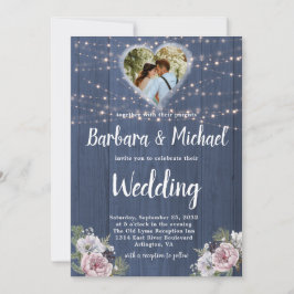 Rustic Wood Twinkle Ljus Photo Blommigt Bröllop Inbjudningar