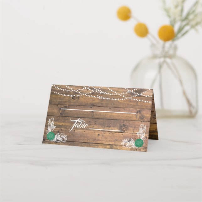Rustic Wood Twinkle Ljus Snöre Bröllop Place Card Placeringskort (Framsida)