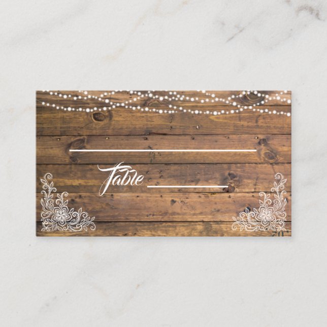 Rustic Wood Twinkle Ljus Snöre Bröllop Place Card Placeringskort (Framsida)