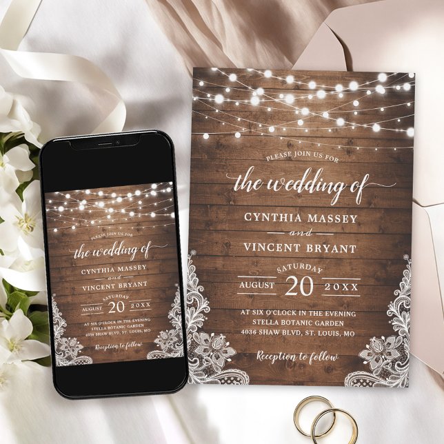 Rustic Wood Twinkle String Ljus Snöre Bröllop Inbjudningar (Perfect for couples planning a rustic-themed wedding with a touch of enchantment and romance.)