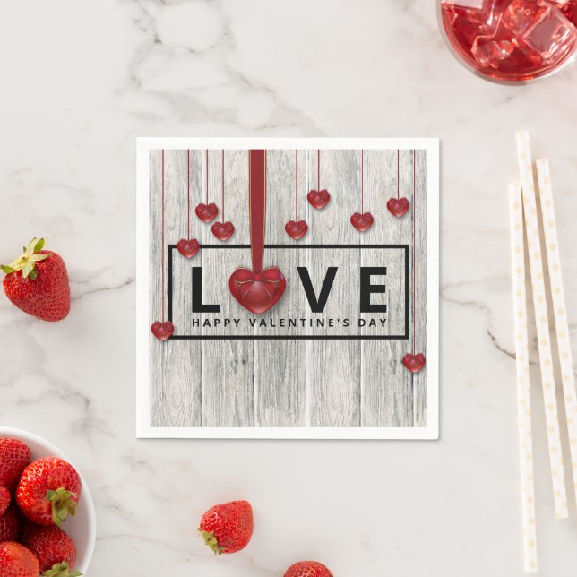 Rustic Wood Valentine Day KÄRLEK Modern Red Hearts Pappersservett (Insitu)