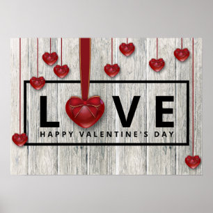 Rustic Wood Valentine Day Modern KÄRLEK Red Hearts Poster