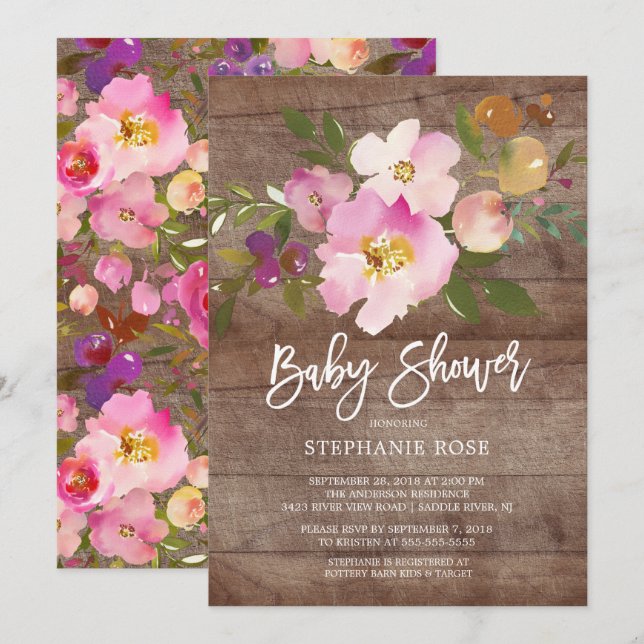 Rustic Wood Vår Bouquet Baby Shower-inbjudan Inbjudningar (Fram/baksida)
