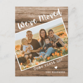 Rustic Wood Vi har flyttat Family Photo New Home Meddelande Vykort