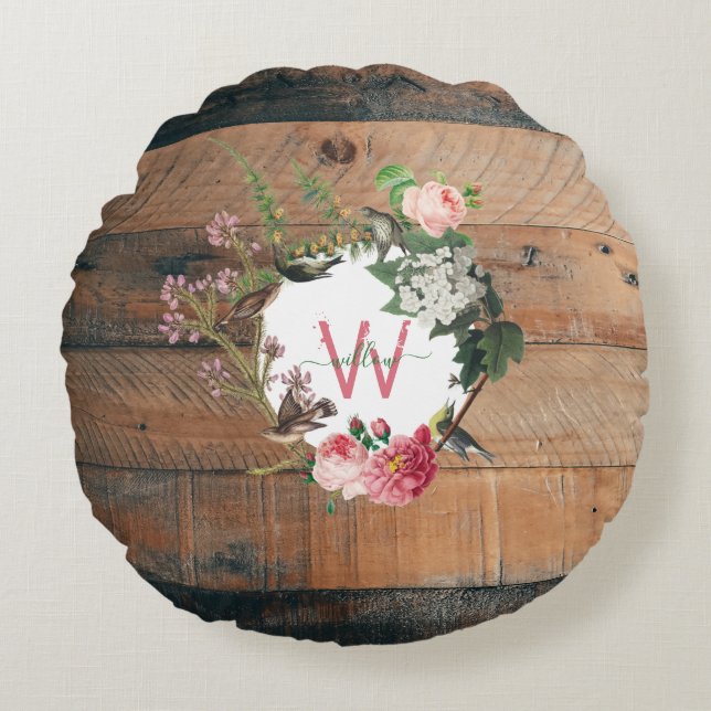 Rustic Wood Vintage Flowers Rund Kudde (Framsidan)