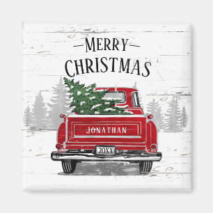 Rustic Wood vintage Red Lastbil Julgran Namn Magnet