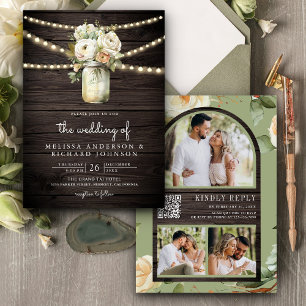 Rustic Wood Vit ros Mason Burk QR Code Bröllop Inbjudningar