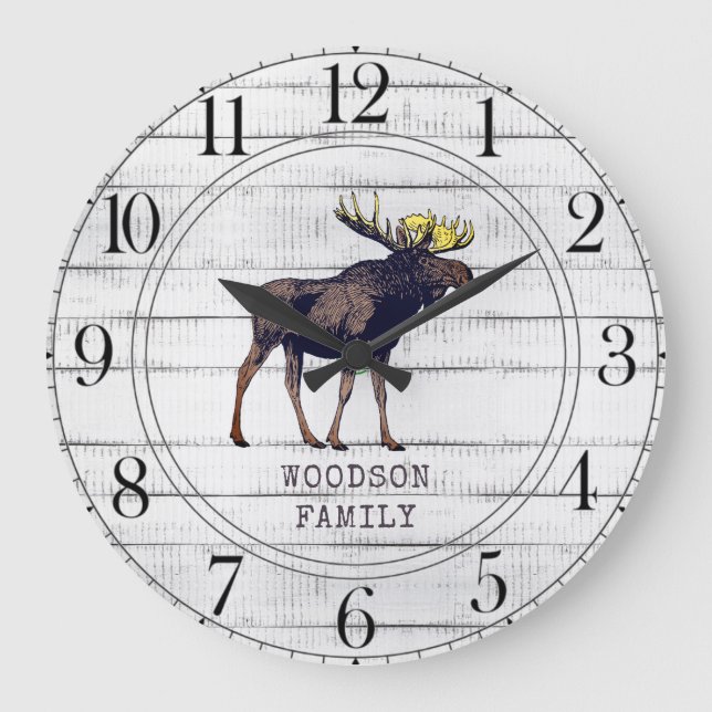 Rustic Wood Walking Moose Family Namn Large Clock Stor Klocka (Framsida)