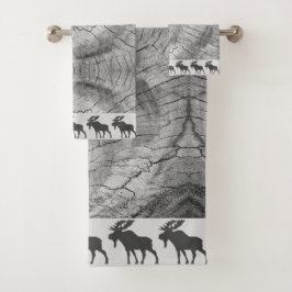 Rustic Wood Walking Moose Grått Bath Towel Set