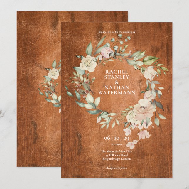 Rustic Wood Watercolor Greenery Blommigt Bröllop Inbjudningar (Fram/baksida)