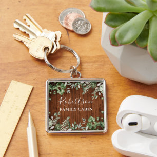 Rustic Wood Watercolor Ivy Ferns Sage Family Cabin Fyrkantig Silverfärgad Nyckelring