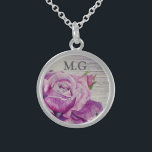 Rustic Wood Watercolor Lila Ro Monogram Sterling Silver Halsband<br><div class="desc">Söt vattenfärgsmålning av en lila ro-blandning med en subtil,  rustisk barkbakgrund.</div>