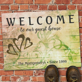 Rustic Wood Welcome Hearts Custom Name Doormat