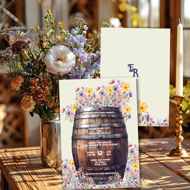 Rustic Wood Whisky Barrel Vår blommor Inbjudningar (Skapare uppladdad)