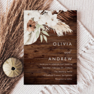 Rustic Wood White Boho Flowers Bröllop Inbjudningar