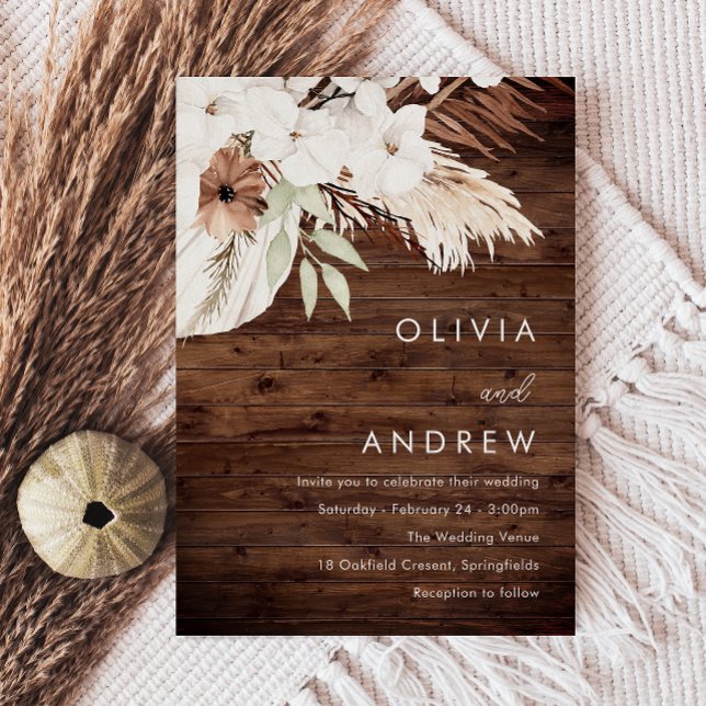 Rustic Wood White Boho Flowers Bröllop Inbjudningar (Skapare uppladdad)