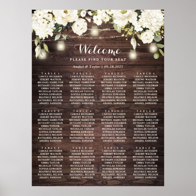 Rustic Wood White Flowers Bröllop Sittdiagram Poster (Framsidan)