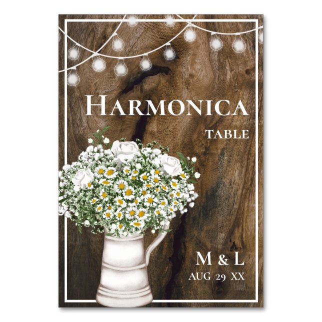 Rustic Wood White Flowers Ljus Harmonica Bröllop Bordsnummer (Framsidan)