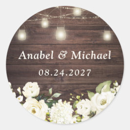 Rustic Wood White Flowers Mason Burk Sticker Runt Klistermärke