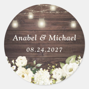 Rustic Wood White Flowers Mason Burk Sticker Runt Klistermärke