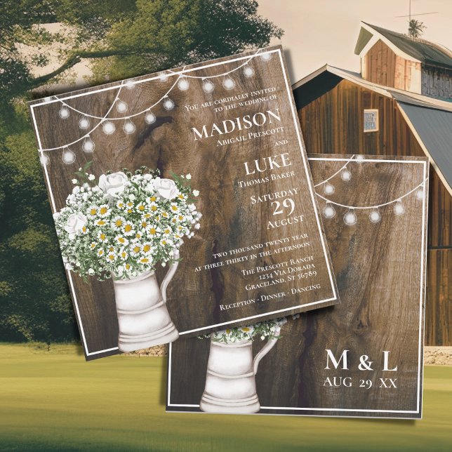 Rustic Wood White Flowers String Ljus Bröllop Inbjudningar (Skapare uppladdad)