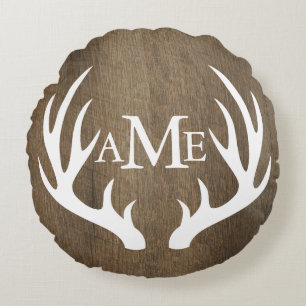 Rustic Wood White Hjort Antlers Bröllop Rund Kudde