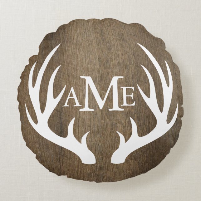 Rustic Wood White Hjort Antlers Bröllop Rund Kudde (Framsidan)