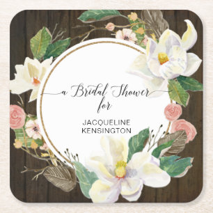 Rustic Wood White Magnolia Blommigt Vattenfärg Underlägg Papper Kvadrat