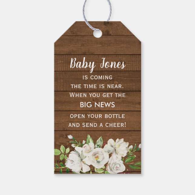 Rustic Wood White Neutralt Baby Shower Flaska Favo Presentetikett (Framsidan)