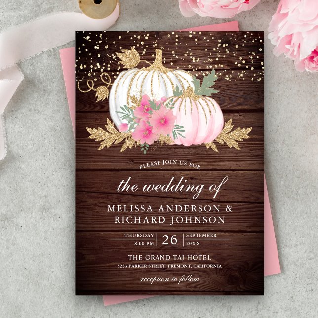Rustic Wood White Pumpkin Rosa Blommigt Fall Weddi Inbjudningar (Skapare uppladdad)